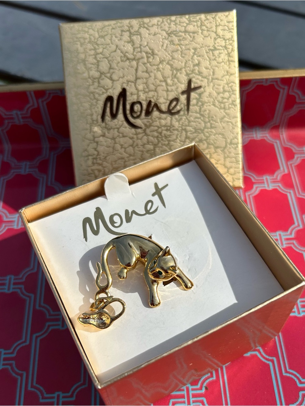 Vintage Monet Gold-Tone Cat & Mouse Brooch Pin